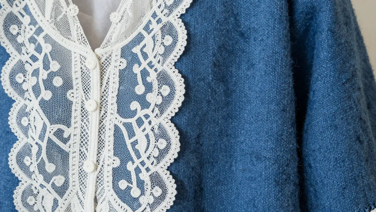 Détail contrasté d'une coiffe bretonne en dentelle blanche et d'un tissu en laine bleu pastel.