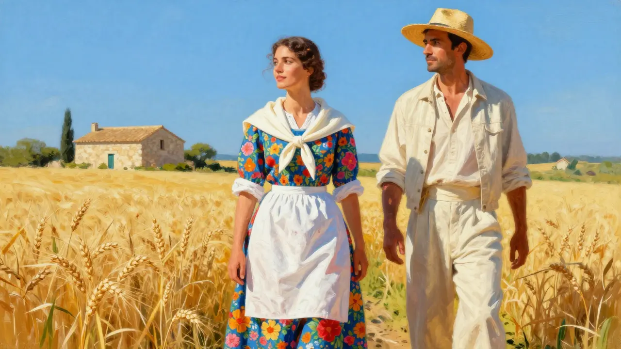 Femme et homme en costume provençal avec tissus floraux indienne et chapeau de paille.