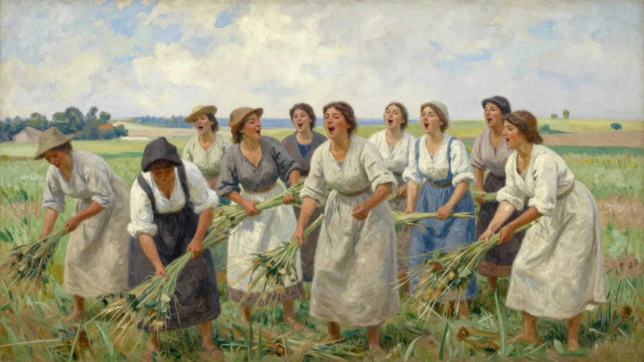 Femmes en costumes traditionnels chantant ensemble pendant la récolte du lin dans un champ.