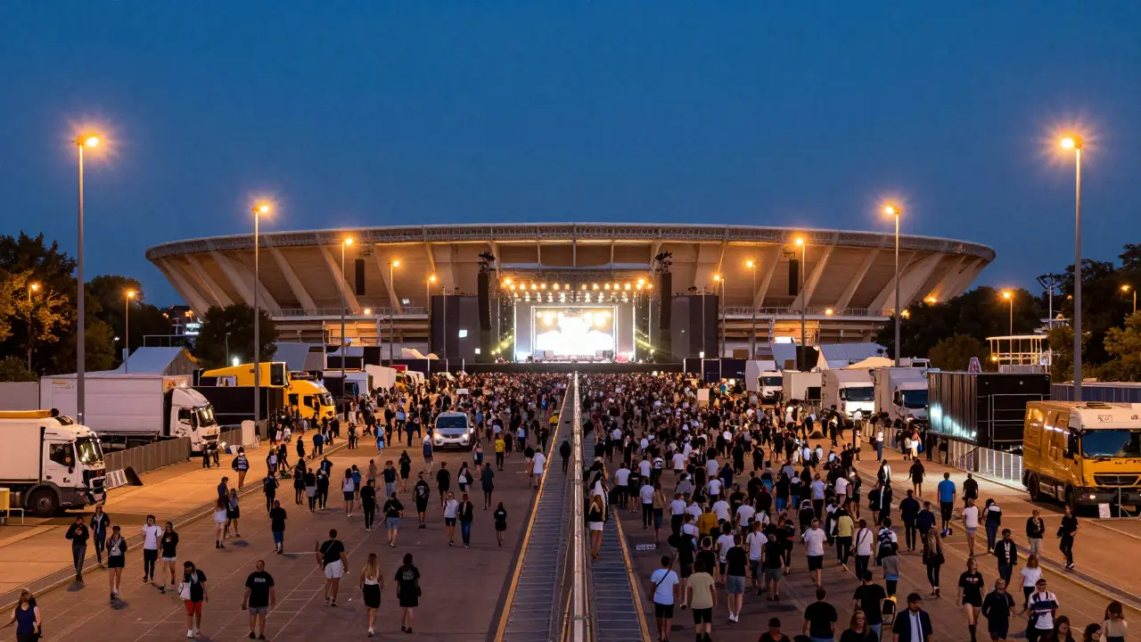 Flux massif de spectateurs arrivant au stade pour un événement musical record.