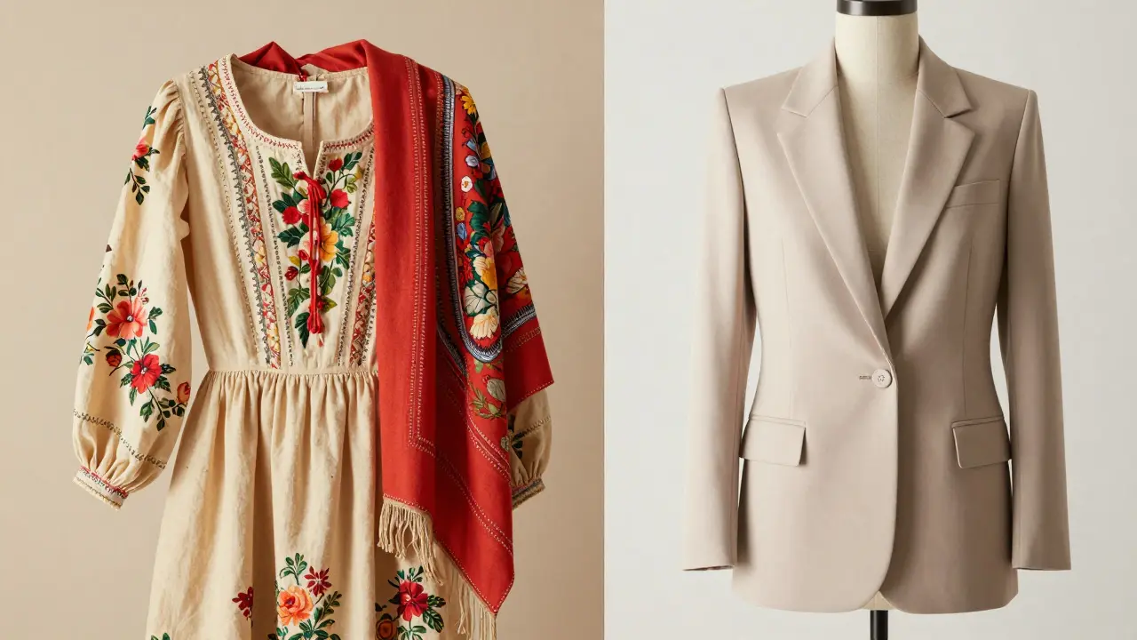 Fusion artistique entre une robe provençale traditionnelle et un blazer moderne élégant.