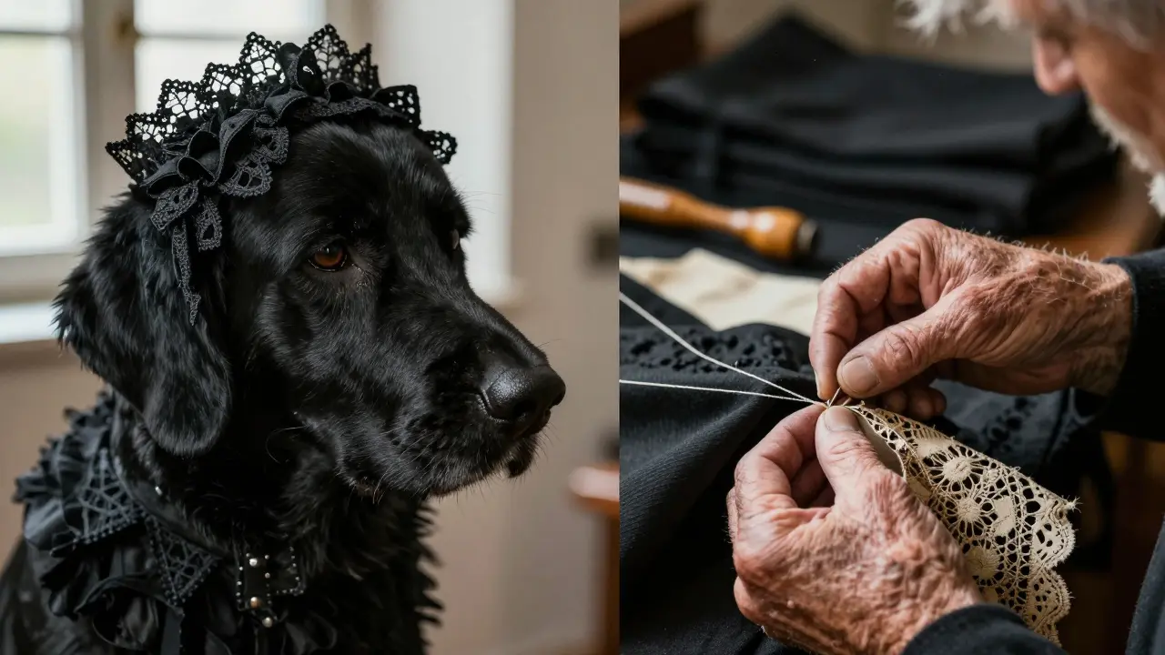Gros plan détaillé d'une coiffe alsacienne noire et de mains artisanales cousant un costume ancien.