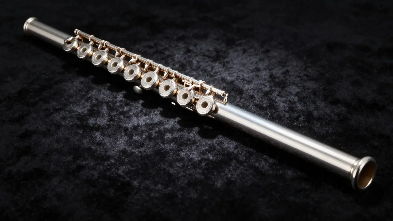 Gros plan détaillé d'une flûte traversière moderne en argent avec son système de clés.
