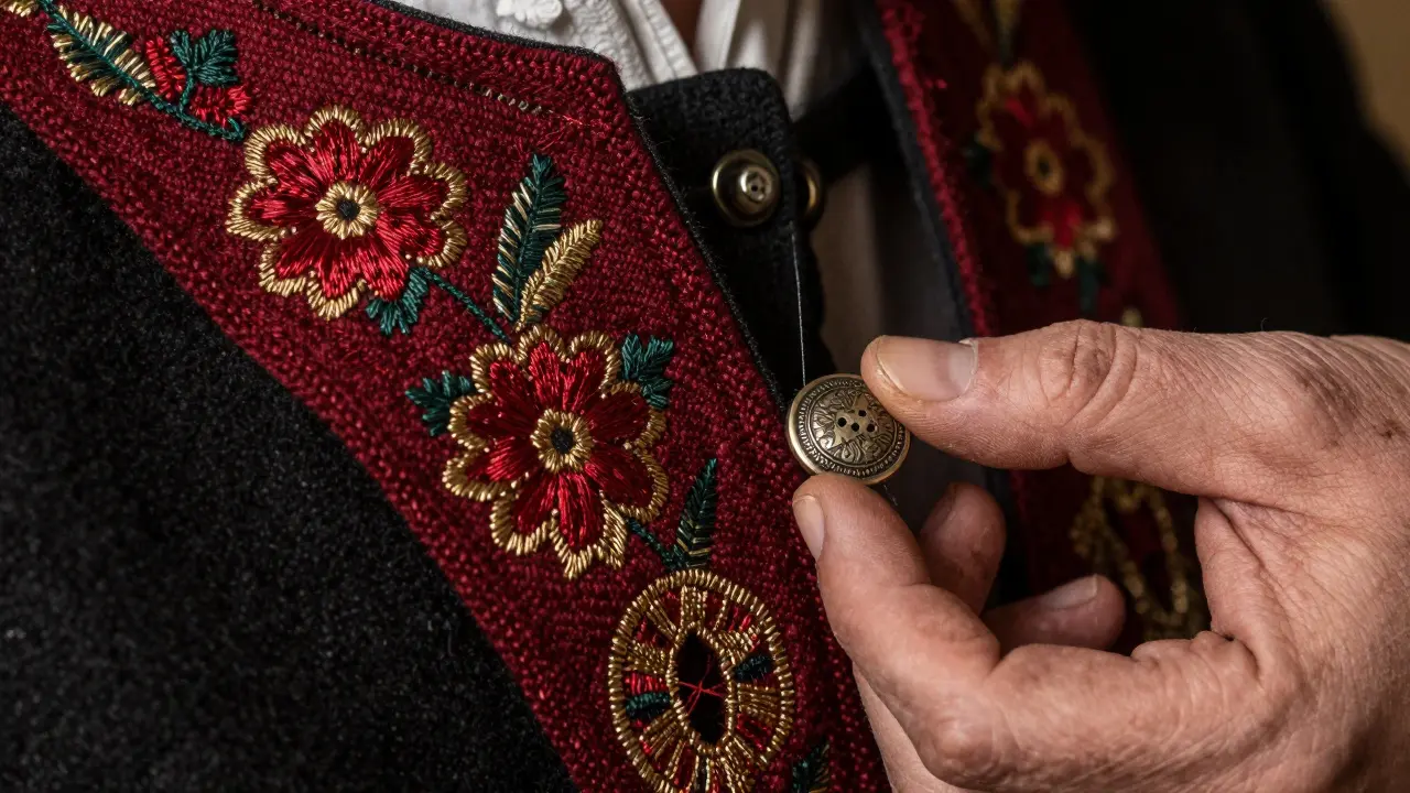 Gros plan sur des broderies alsaciennes et un bouton artisanal ancien.