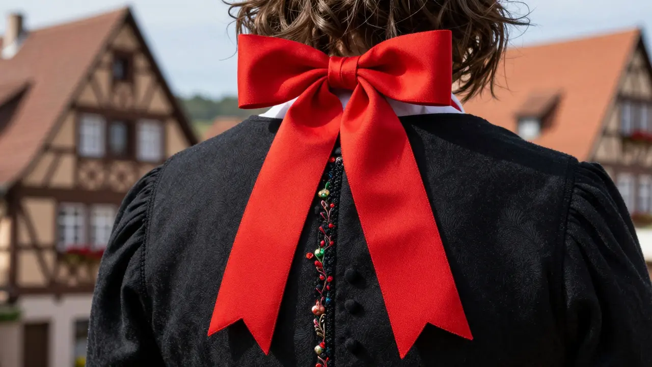 Gros plan sur le nœud rouge emblématique d'un costume traditionnel alsacien.
