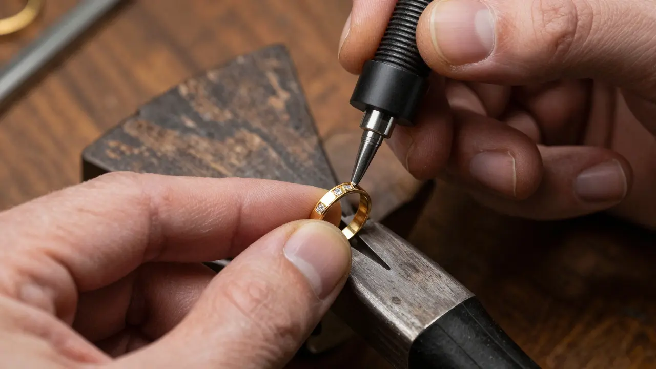 Gros plan sur les mains d'un artisan joaillier sertissant des diamants sur une bague en or.