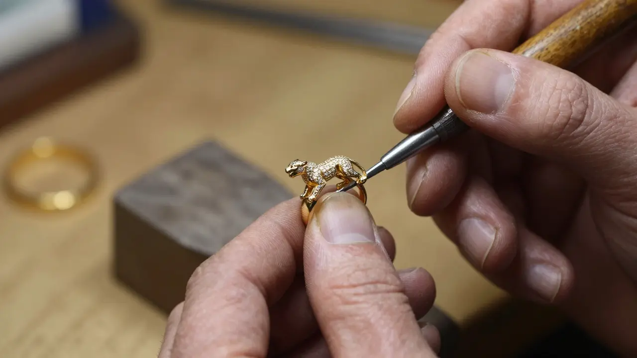 Gros plan sur les mains d'un artisan joaillier travaillant sur une bague Panthère en or.