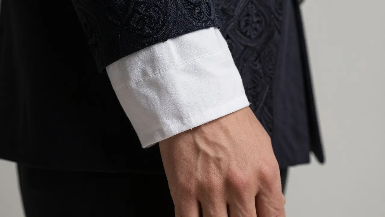 Gros plan sur un poignet de veste traditionnelle laissant apparaître le manchon d'une chemise blanche.