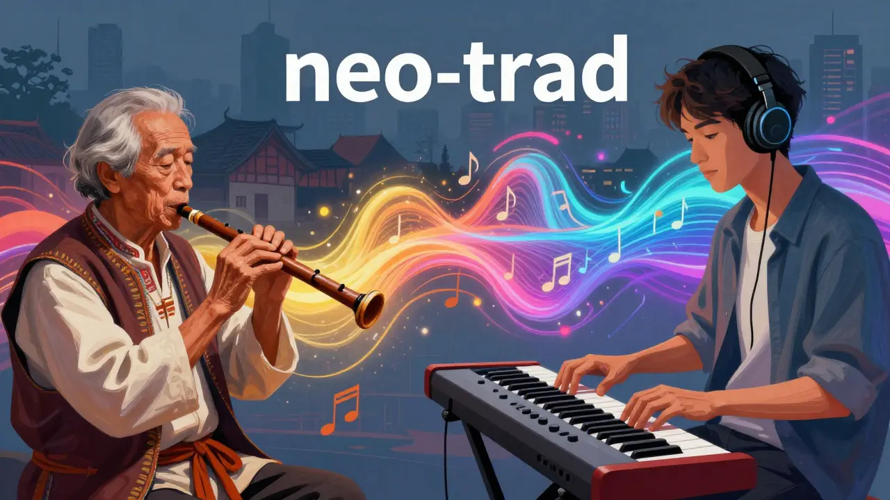 Illustration conceptuelle mélangeant musique traditionnelle et éléments électroniques modernes.