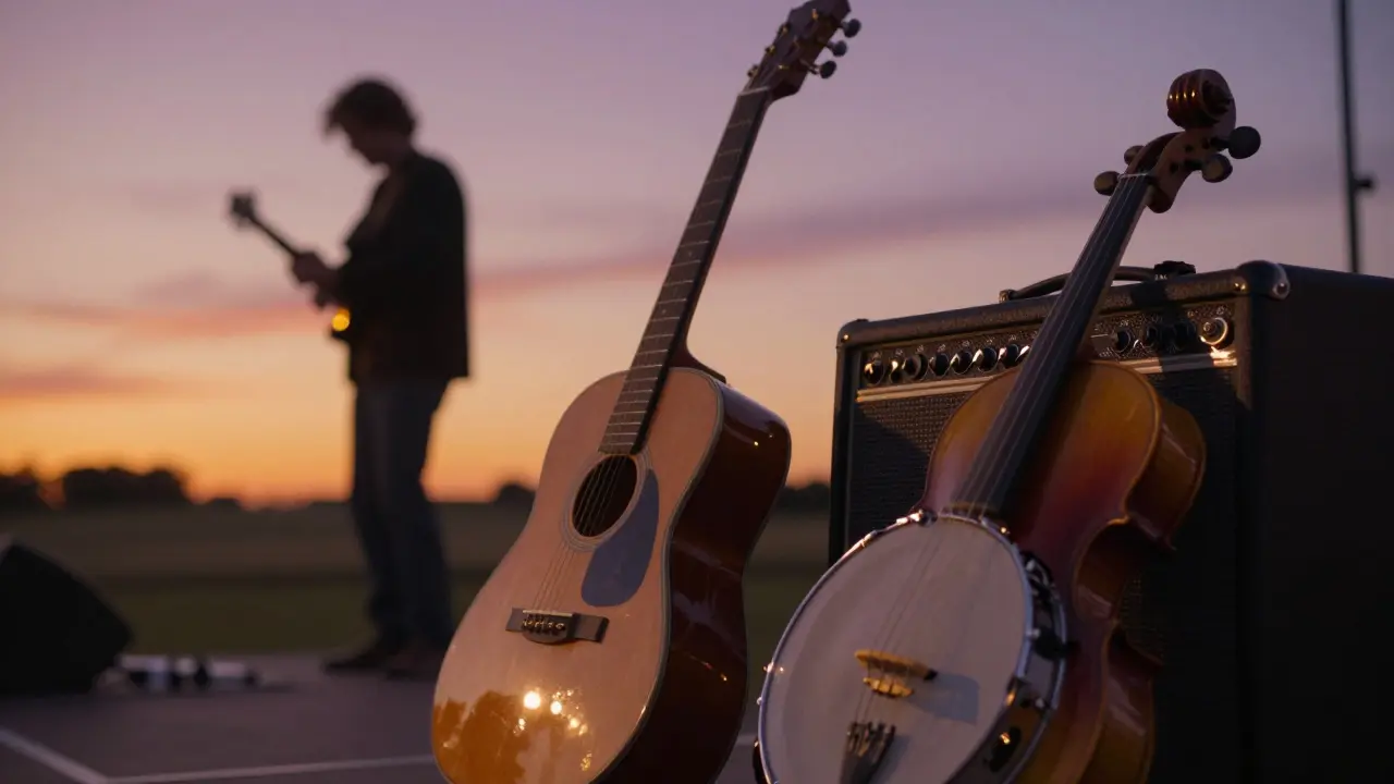 Instruments de musique country, dont une steel guitar et un banjo, sur une scène au coucher du soleil.