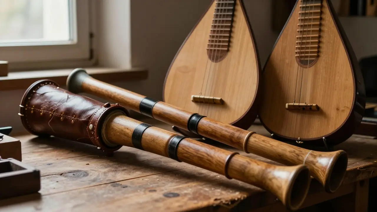 Instruments traditionnels italiens, dont une Zampogna, dans l'atelier d'un artisan.