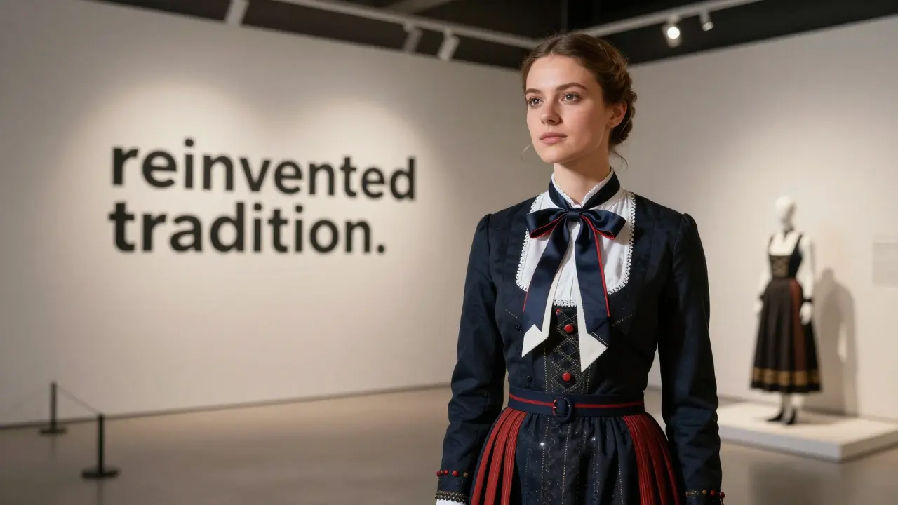 Jeune femme portant une version moderne d'un costume traditionnel alsacien.