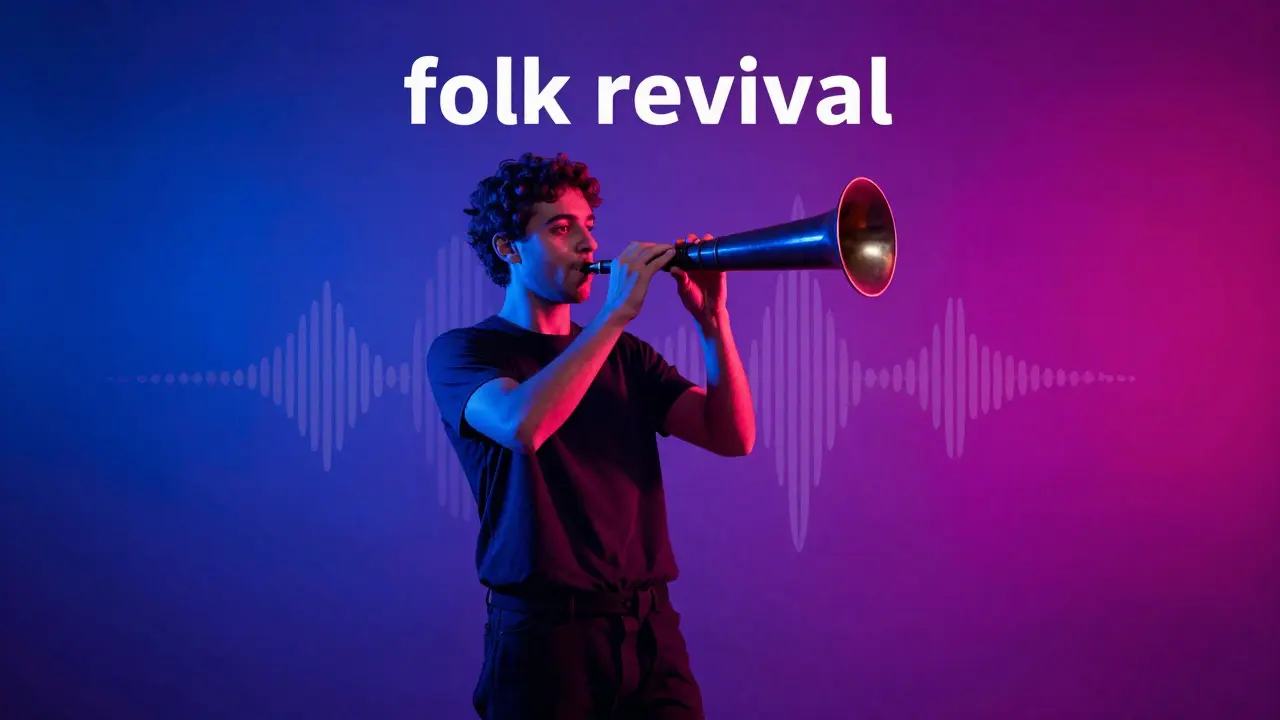 Jeune musicien jouant de la cornemuse traditionnelle sous des lumières néon modernes.