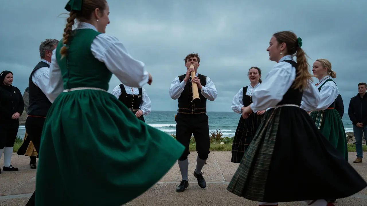 Musiciens et danseurs bretons lors d'un festival celtique avec des costumes traditionnels et une bombarde.