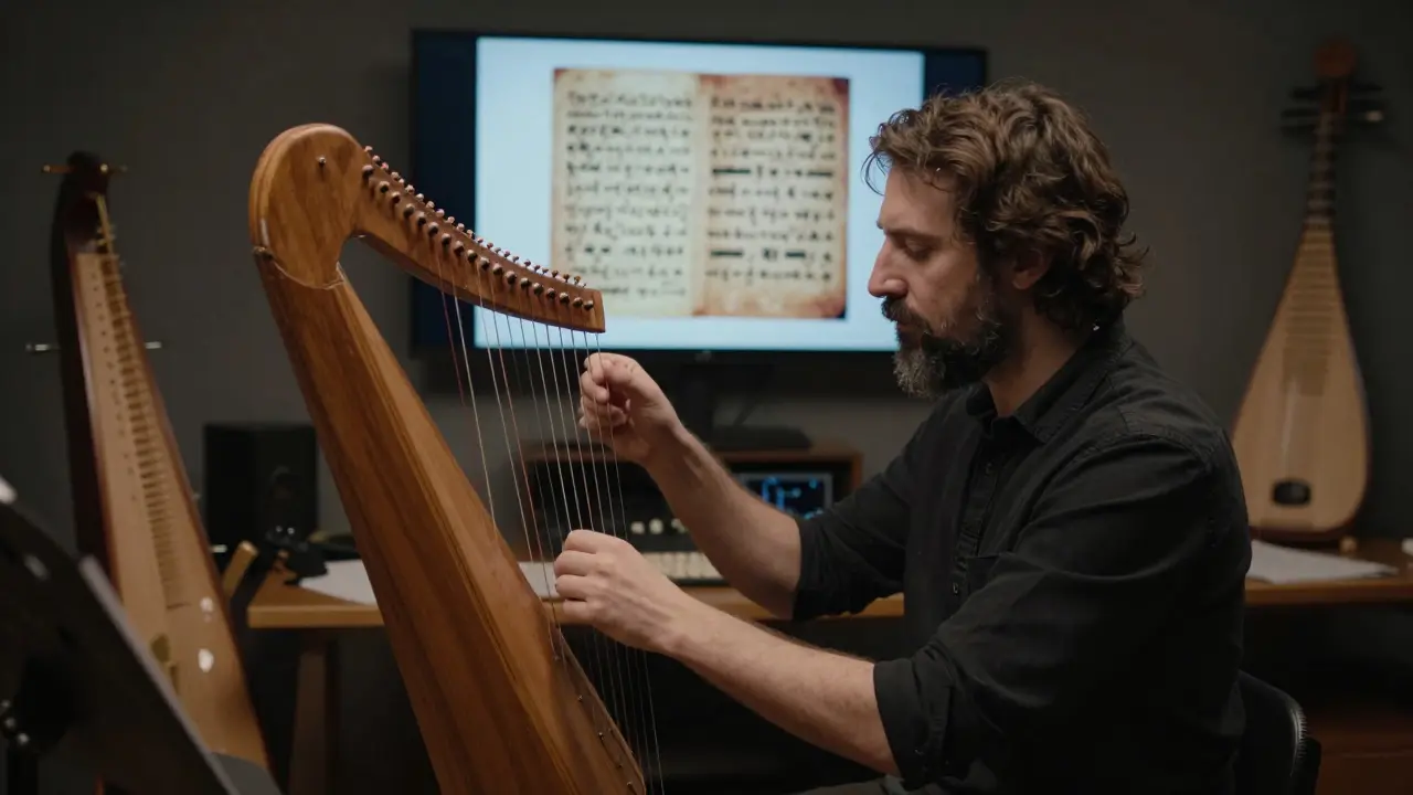 Musicologue analysant une lyre reconstituée pour redécouvrir l'Hymne à Nikkal.