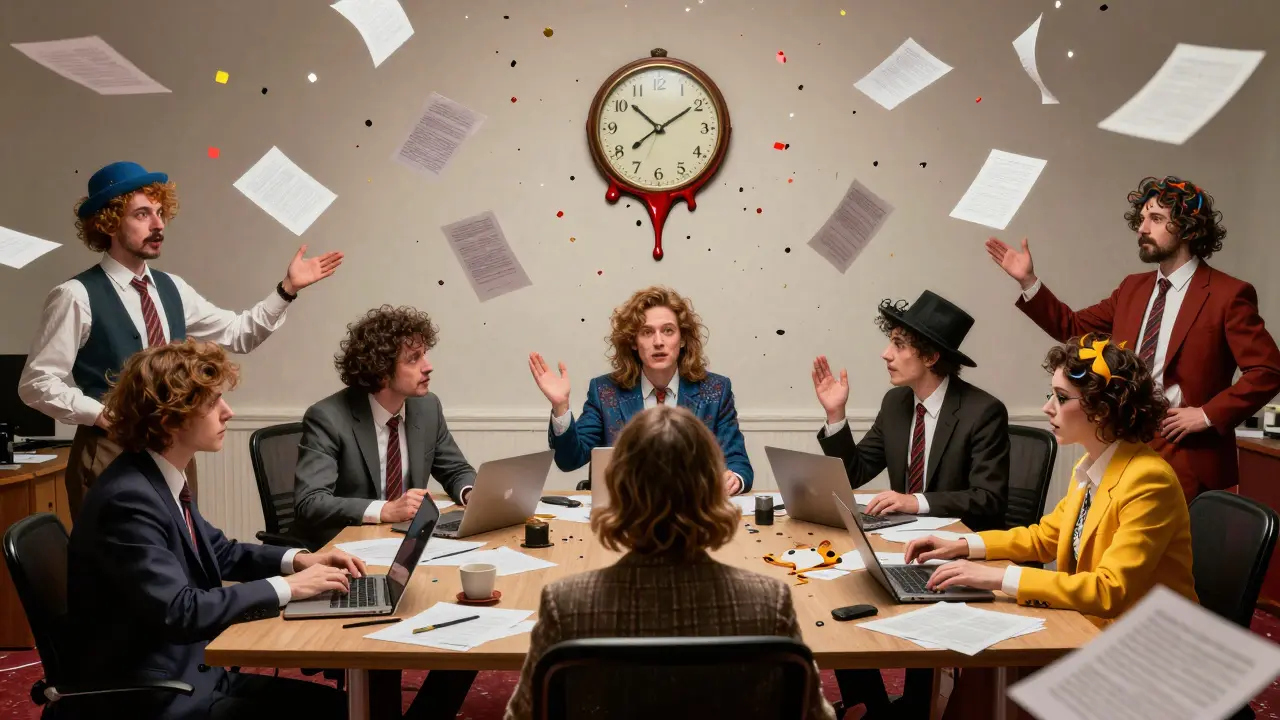 Scène burlesque et chaotique d'une réunion de bureau surréaliste.