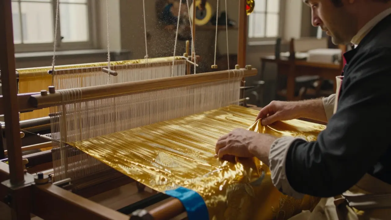 Tissage de soie luxueuse dans un atelier traditionnel lyonnais avec un métier à tisser.