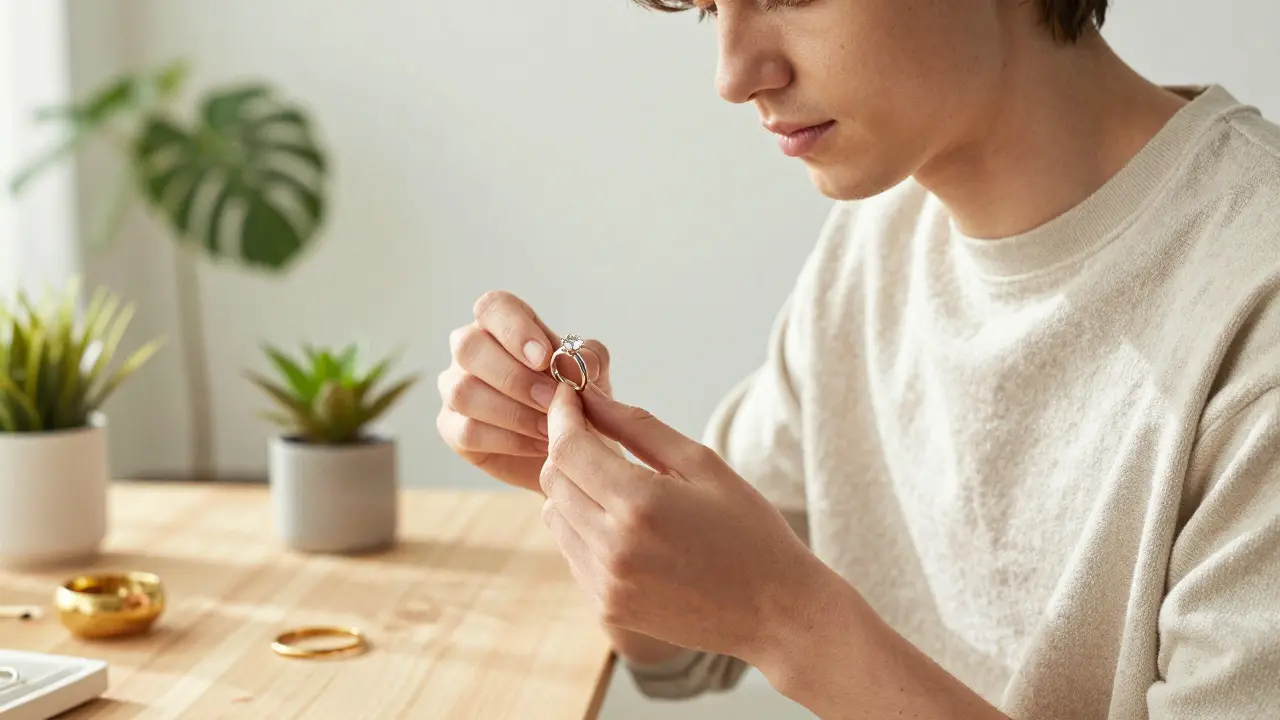 Un jeune adulte examinant des bijoux éthiques et vintage dans un cadre lumineux et naturel.