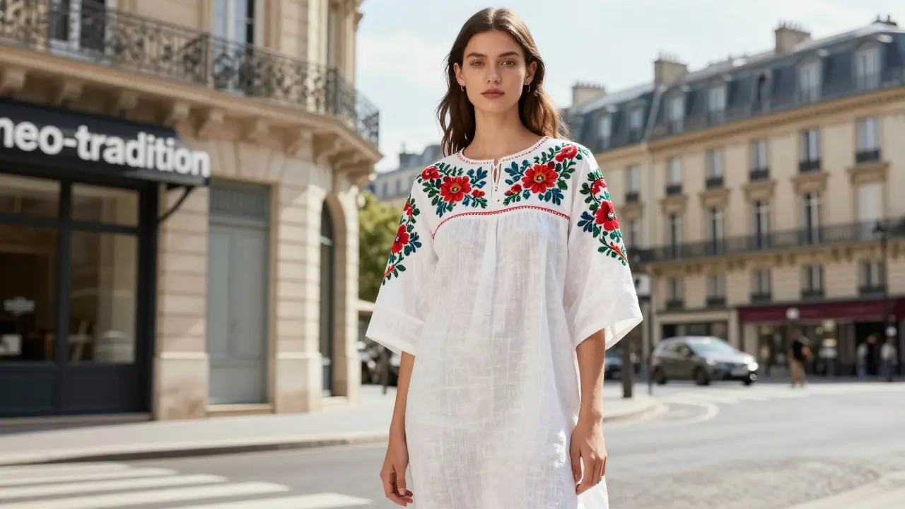 Une tenue moderne fusionnant le style urbain et les motifs traditionnels français.