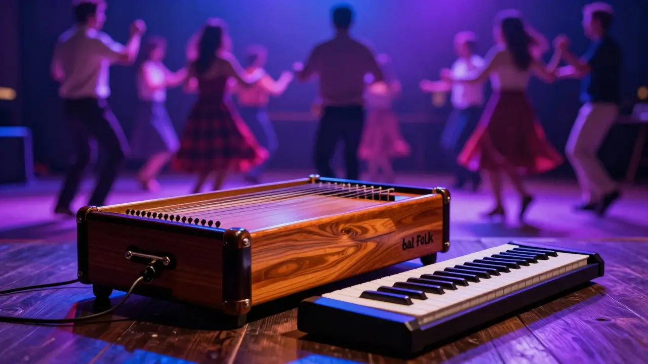 Une vielle à roue et un synthétiseur côte à côte lors d'un bal folk moderne.