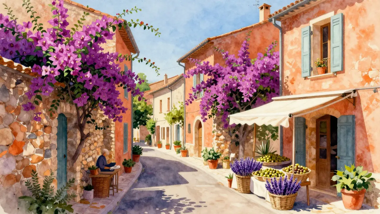 Village pittoresque du Luberon avec des façades ocres et des fleurs.