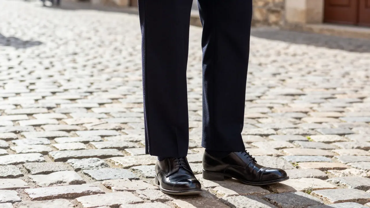 Vue basse d'un pantalon de costume traditionnel avec un cassé léger sur des chaussures en cuir.