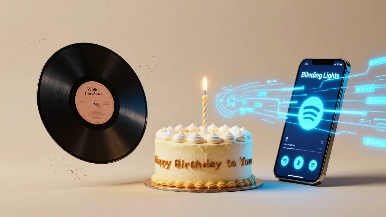 Art conceptuel mêlant vinyle vintage et flux de streaming numérique autour d'un gâteau d'anniversaire