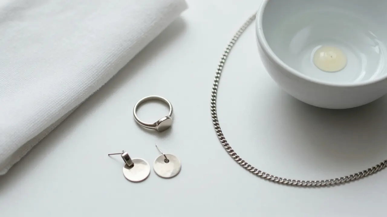 Bijoux intemporels et chiffon de nettoyage sur une surface blanche épurée