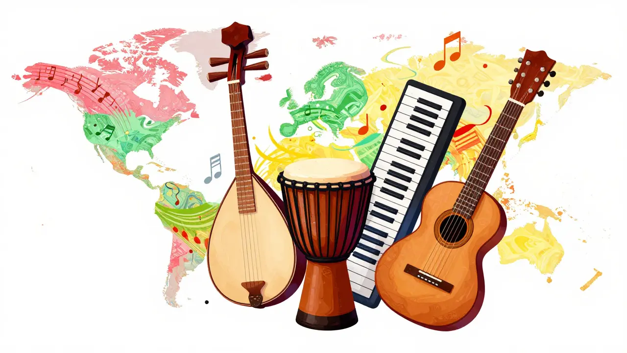 Collage abstrait illustrant la fusion des instruments traditionnels et modernes du monde entier