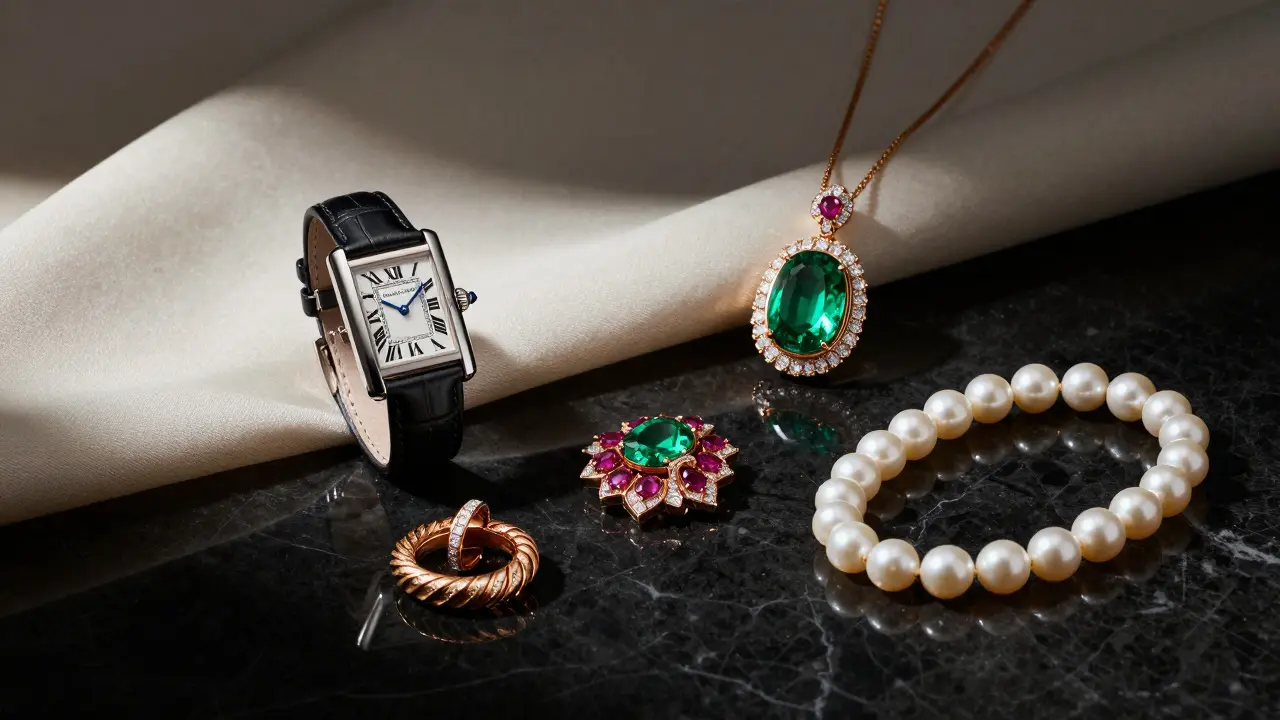 Collection de bijoux de luxe sur marbre noir et soie