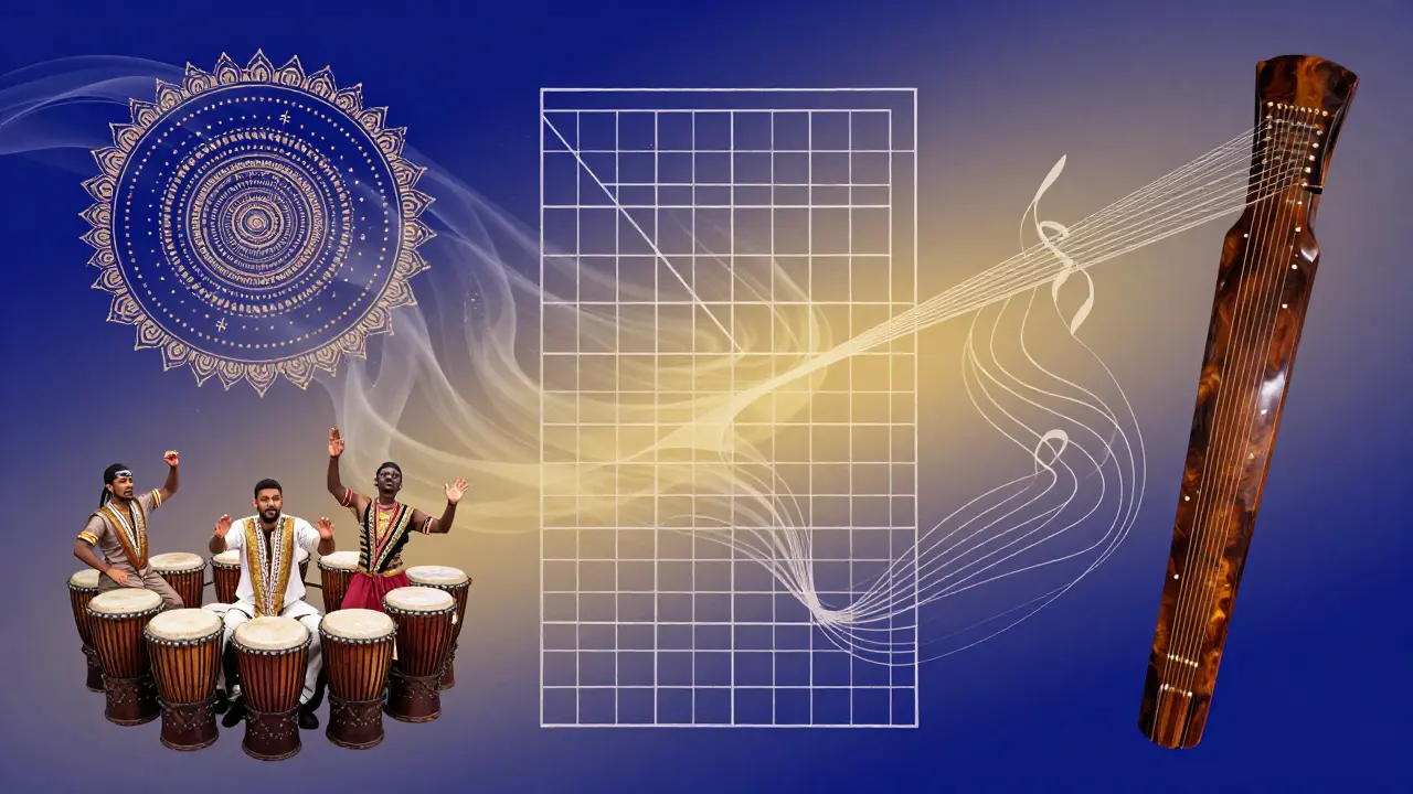 Composition artistique fusionnant les traditions musicales de l'Inde, Grèce, Afrique et Chine