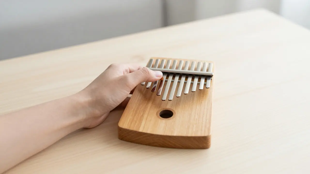 Doigt pinçant les lames d'un kalimba en bois sur une table claire