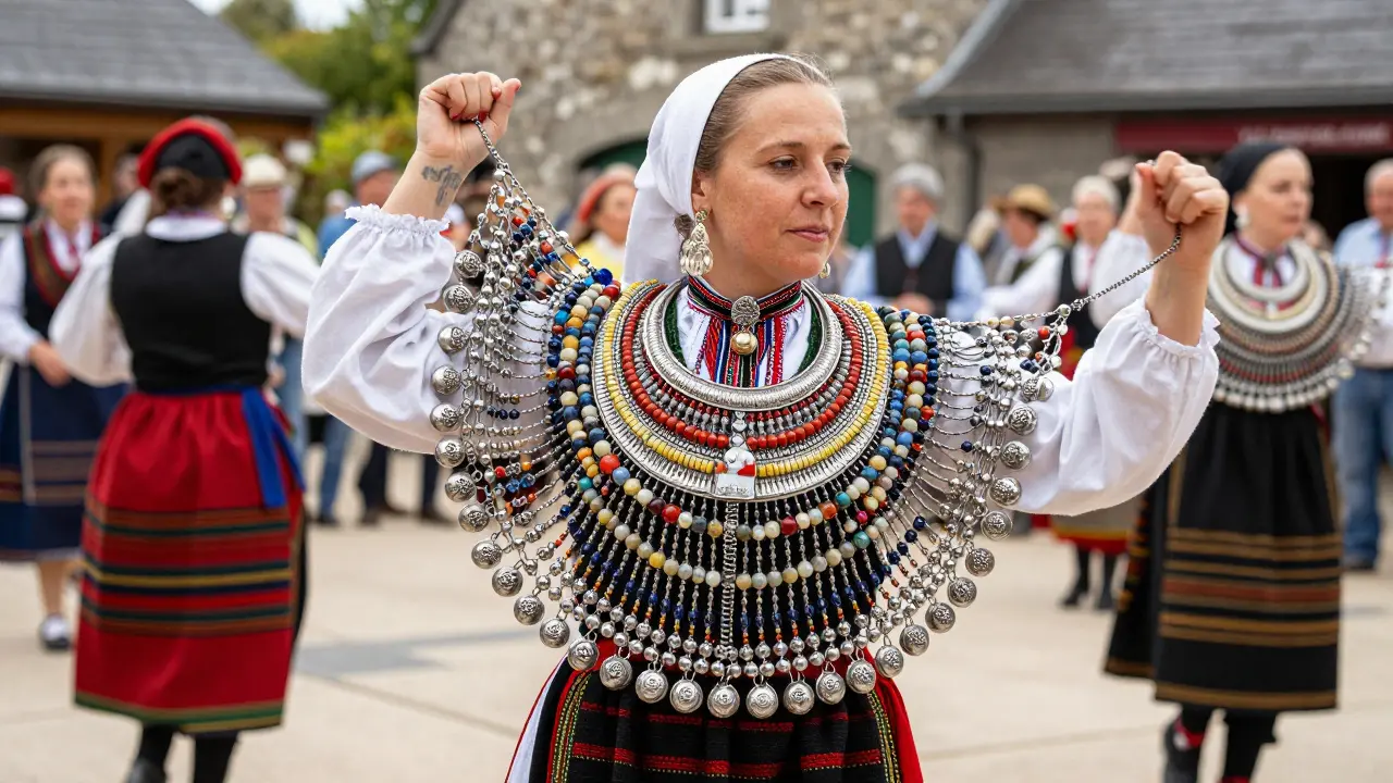 Femme bretonne portant un collier de mariée traditionnel lors d'un festival