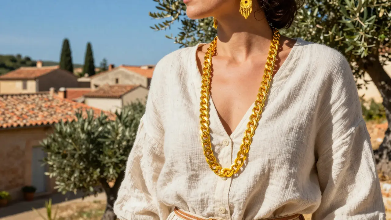 Femme portant de l'or jaune traditionnel sous le soleil de Provence