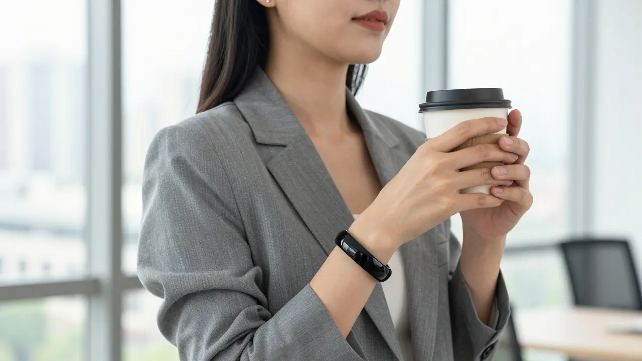 Femme professionnelle portant un bracelet en céramique noire chic