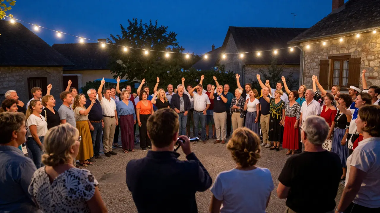 Foule chantant ensemble lors d'un festival de musique traditionnelle