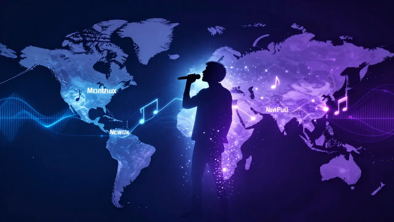 Illustration abstraite reliant des villes par des ondes sonores, symbolisant la tournée internationale.