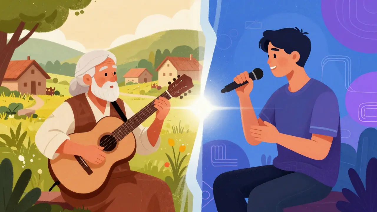 Jeune musicien fusionnant traditions ancestrales et styles modernes dans une illustration symbolique.