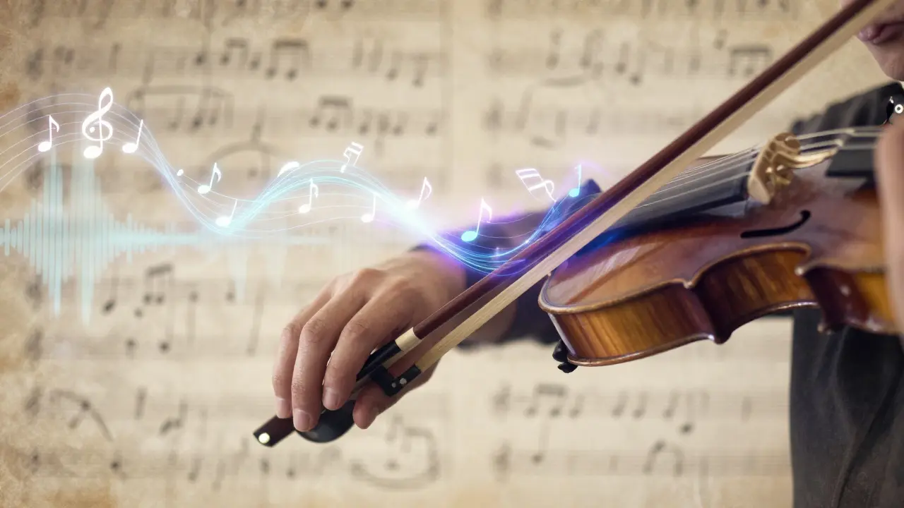 Main de violoniste dont l'archet se transforme en vagues sonores numériques et abstraites