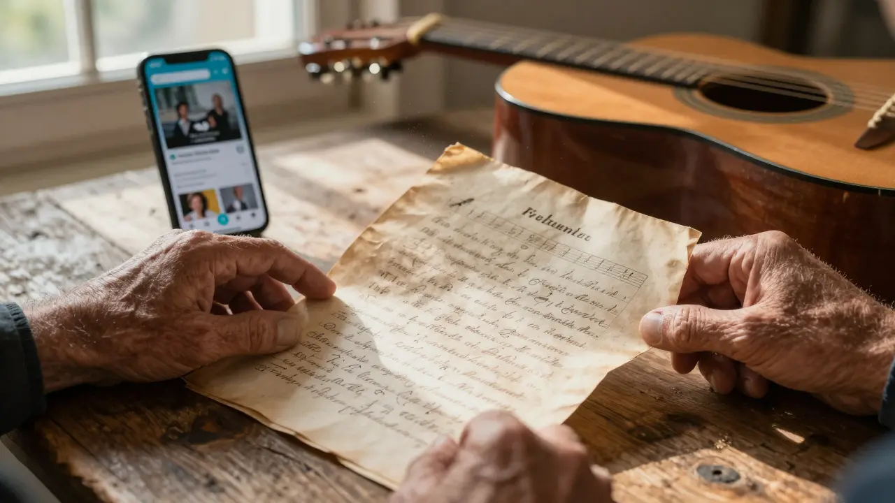 Manuscrit ancien de chanson folklorique posé près d'un téléphone moderne