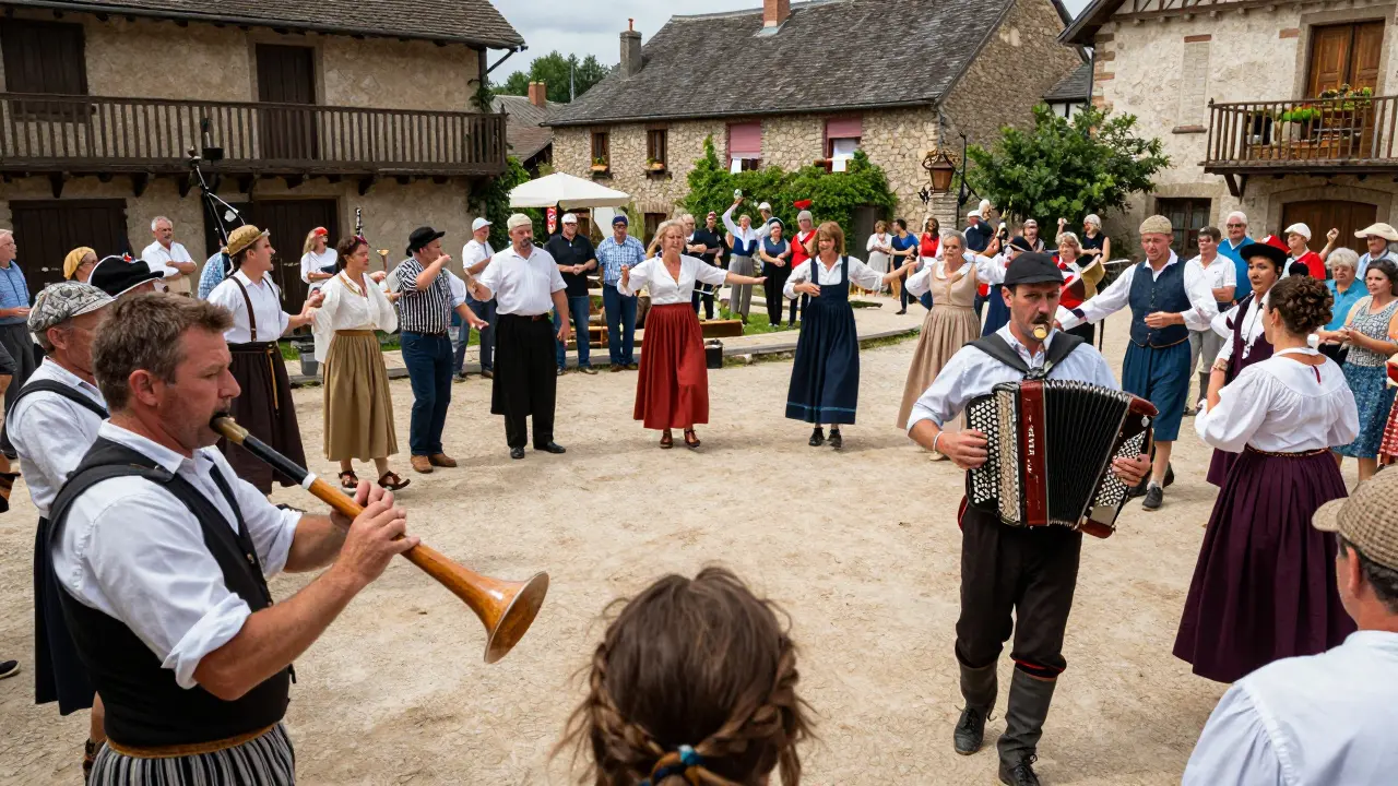 Musiciens jouant de la cornemuse bretonne lors d'un festival villageois animé.