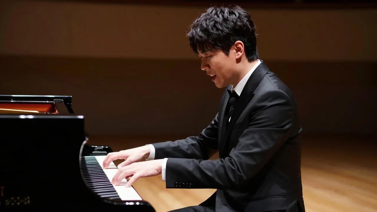 Pianiste Yunchan Jiang jouant avec intensité au piano dans un théâtre sombre et élégant