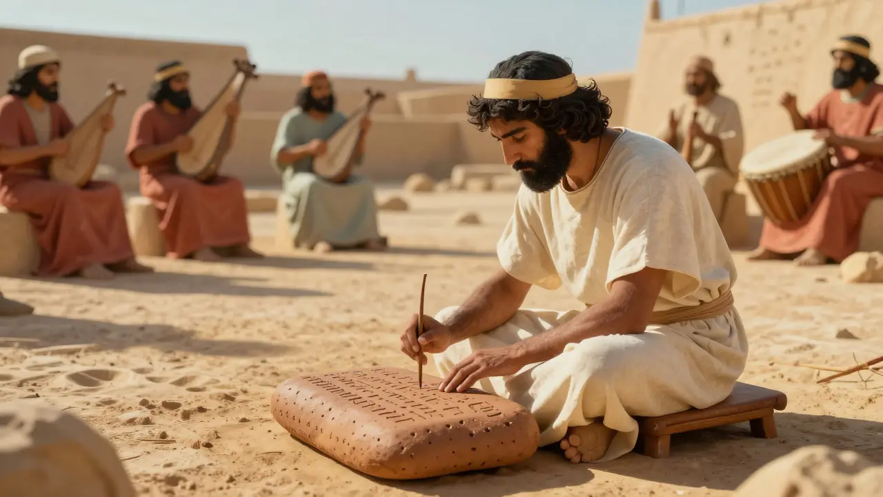 Scribe mésopotamien gravant la première partition musicale sur une tablette d'argile