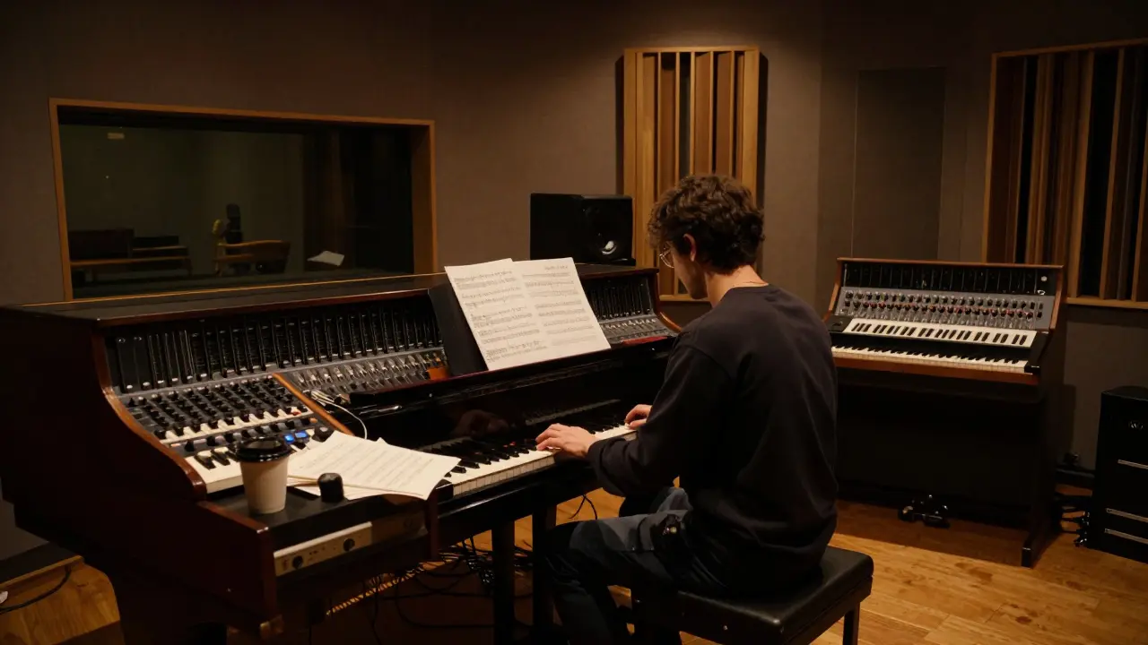 Studio d'enregistrement intime et sombre avec un musicien au piano, ambiance créative.
