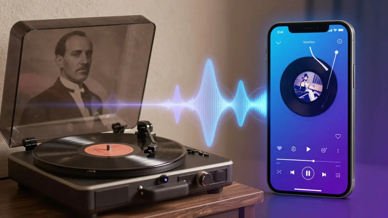 Transition visuelle entre un vieux disque vinyle et un smartphone moderne.