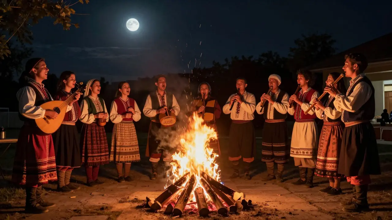 Un groupe chante avec des instruments traditionnels autour d'un feu