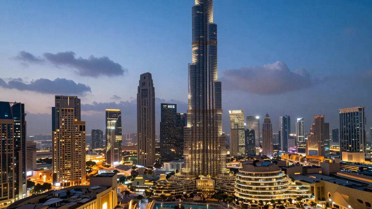 Vue aérienne de l'horizon moderne de Dubaï au crépuscule